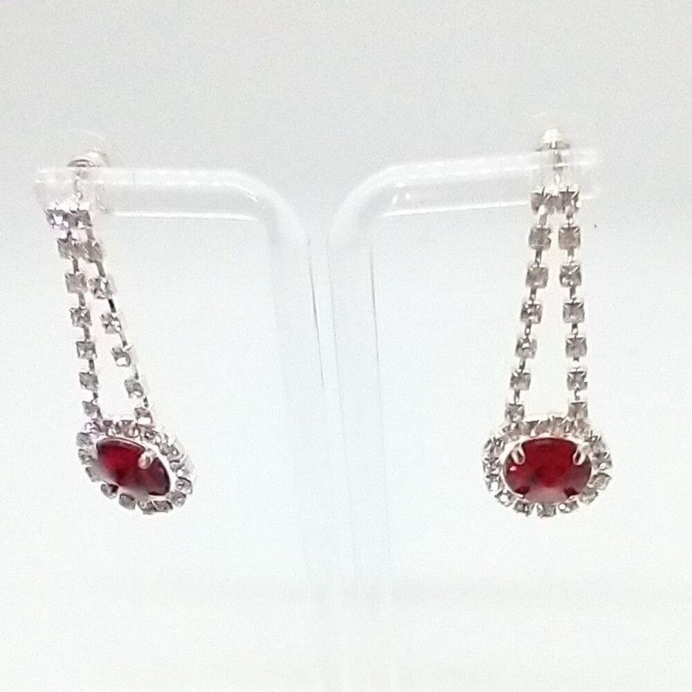 Red/clear Rhinestone Drop Earrings Silver Tone Posts - Picture 2 of 6